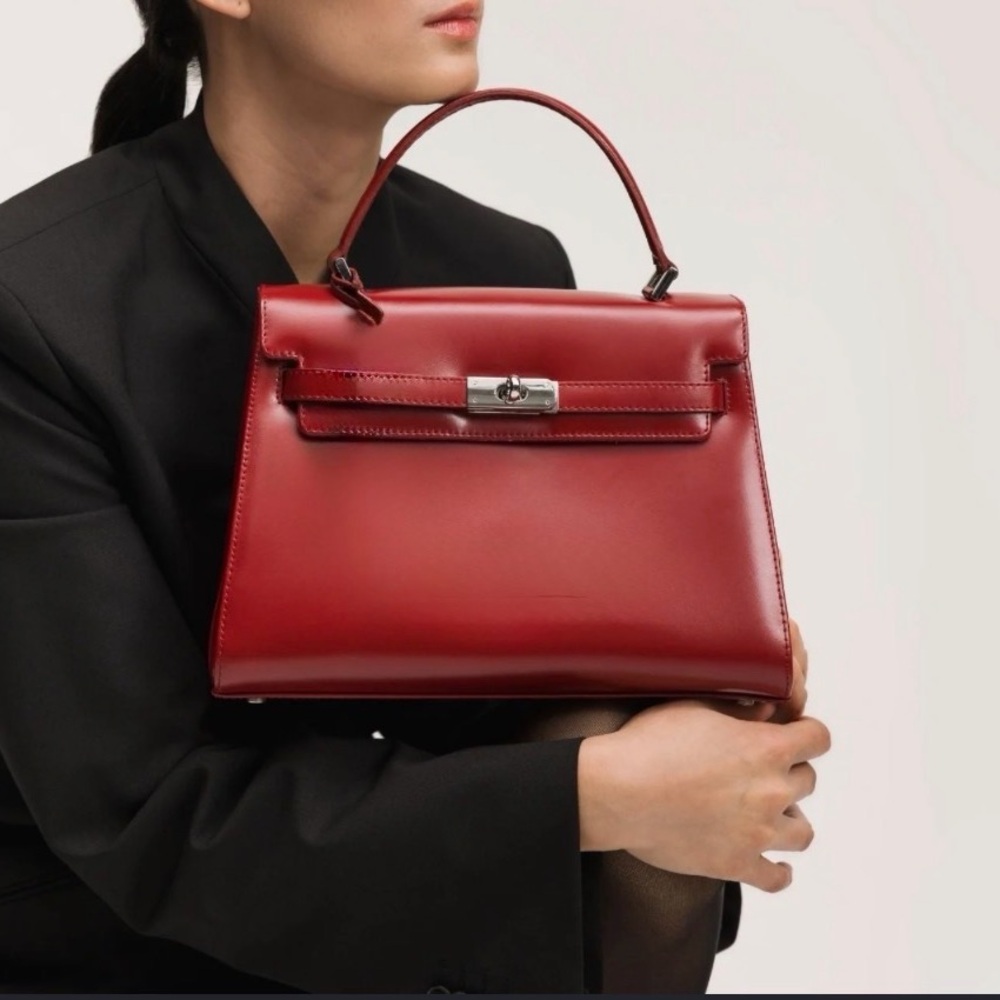 Baronessa Franchetti Red Leather Kelly Style Top Handle Bag Crossbody